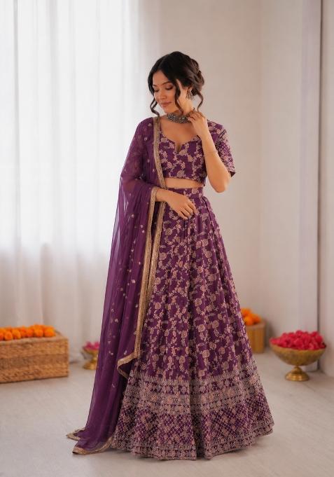 Purple Embroidered Jacquard Lehenga Set