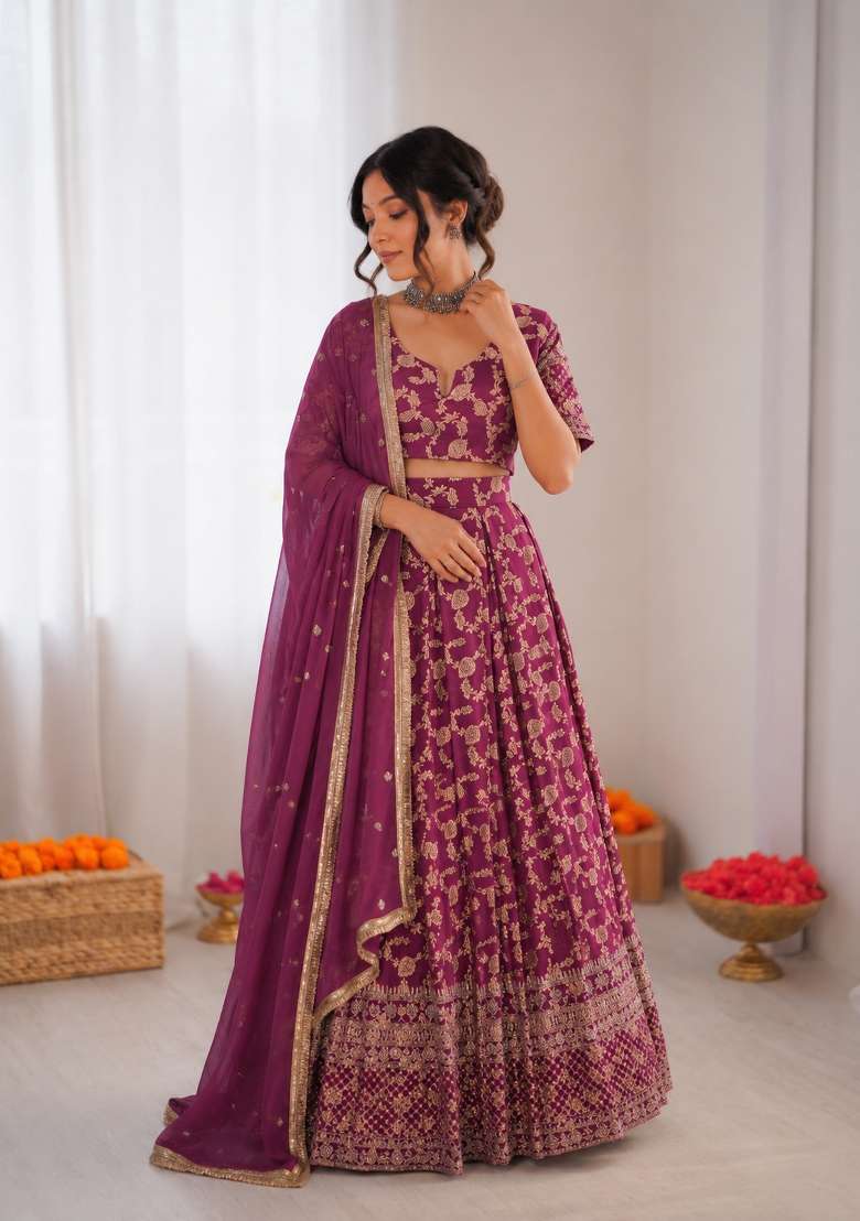 Wine Embroidered Jacquard Lehenga Set - Indya