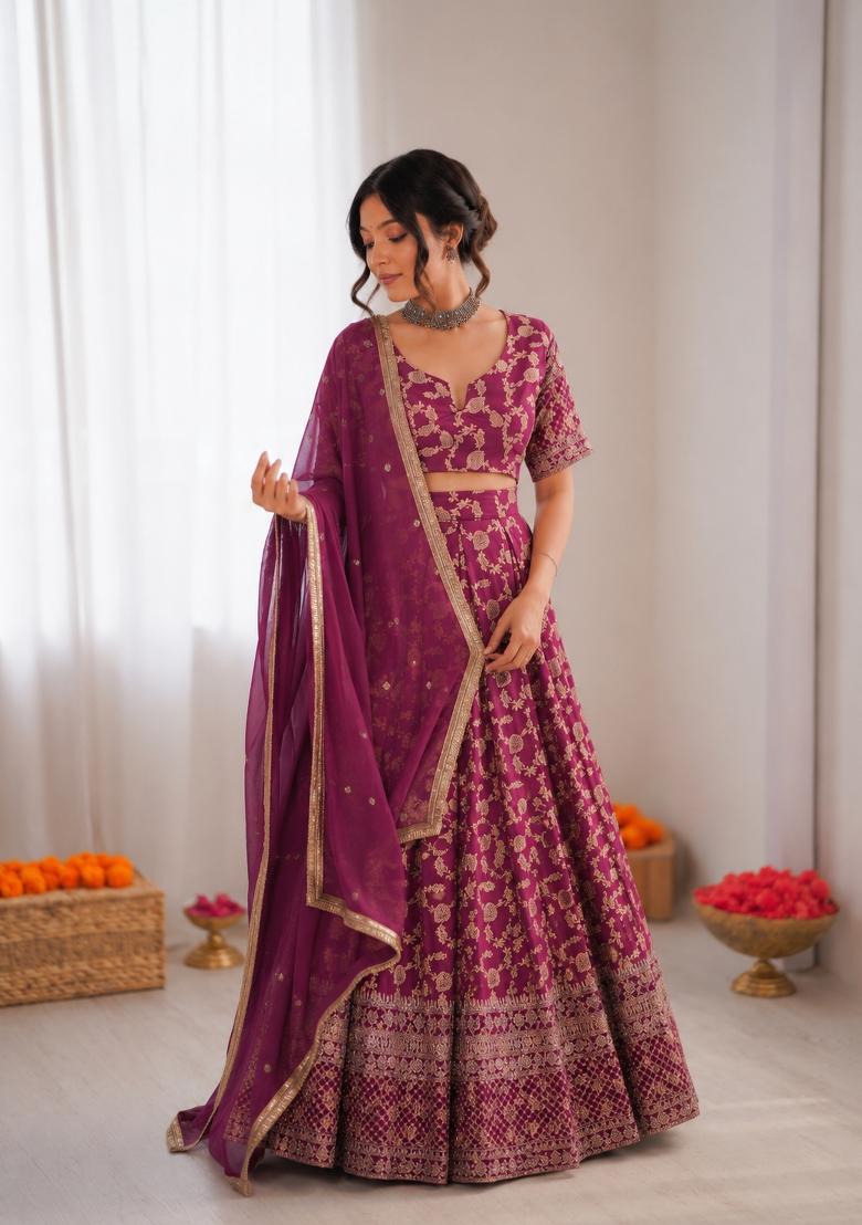 Wine Embroidered Jacquard Lehenga Set - Indya