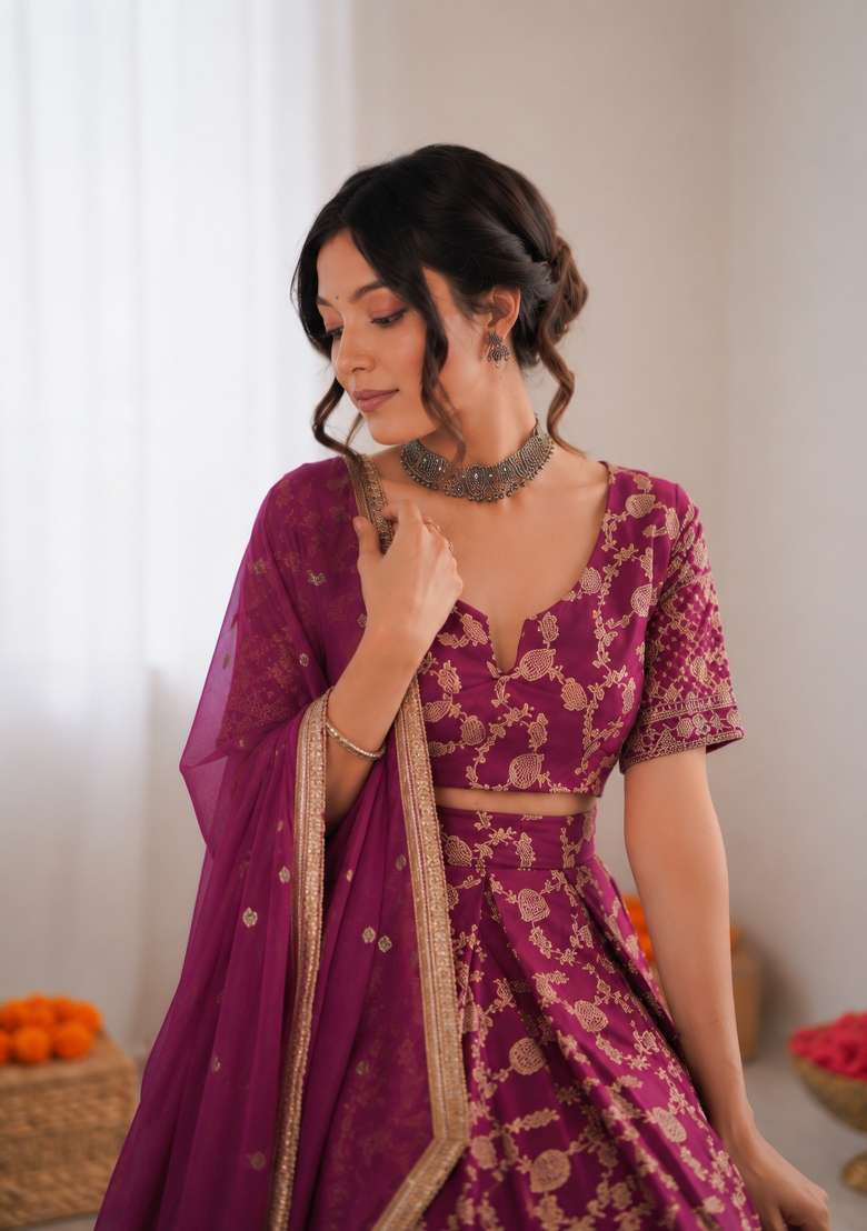 Wine Embroidered Jacquard Lehenga Set - Indya
