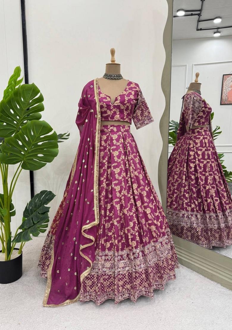 Wine Embroidered Jacquard Lehenga Set - Indya