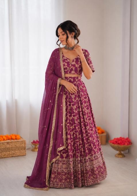 Wine Embroidered Jacquard Lehenga Set