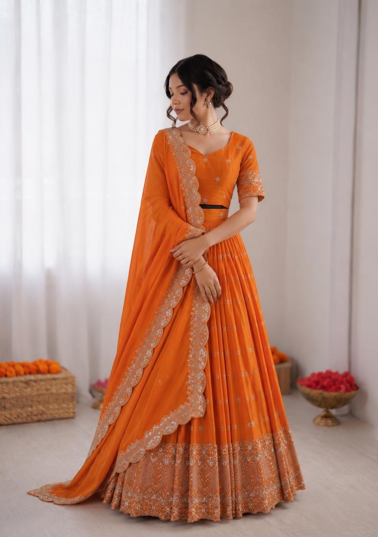 Orange Embroidered Satin Lehenga Set - Indya