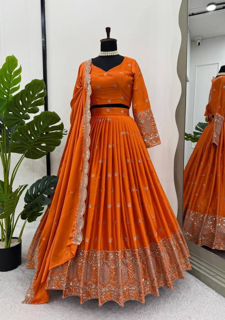 Orange Embroidered Satin Lehenga Set - Indya