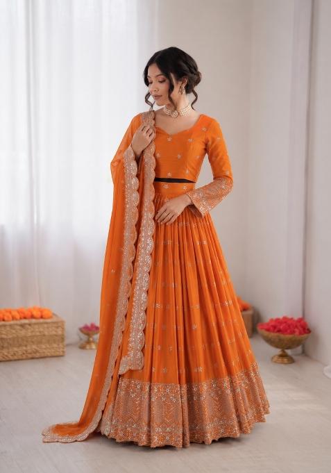 Orange Embroidered Satin Lehenga Set