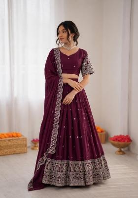 Wine Embroidered Silk Blend Lehenga Set