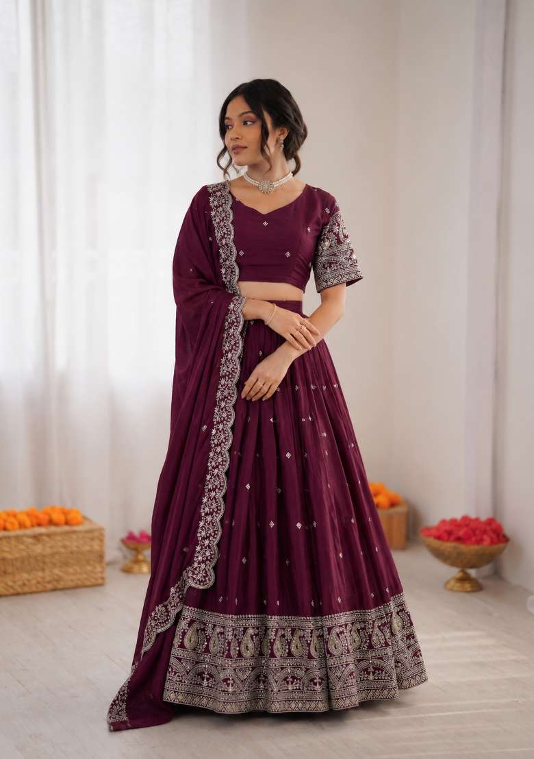 Wine Embroidered Silk Blend Lehenga Set - Indya