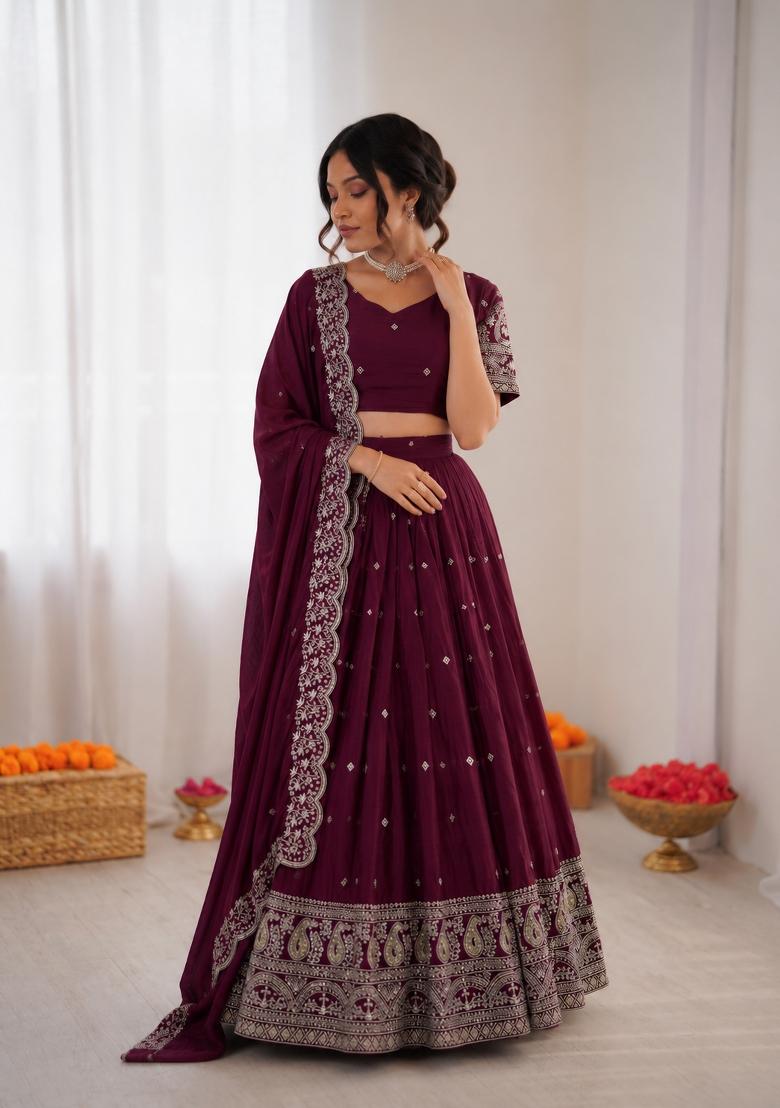 Wine Embroidered Silk Blend Lehenga Set - Indya