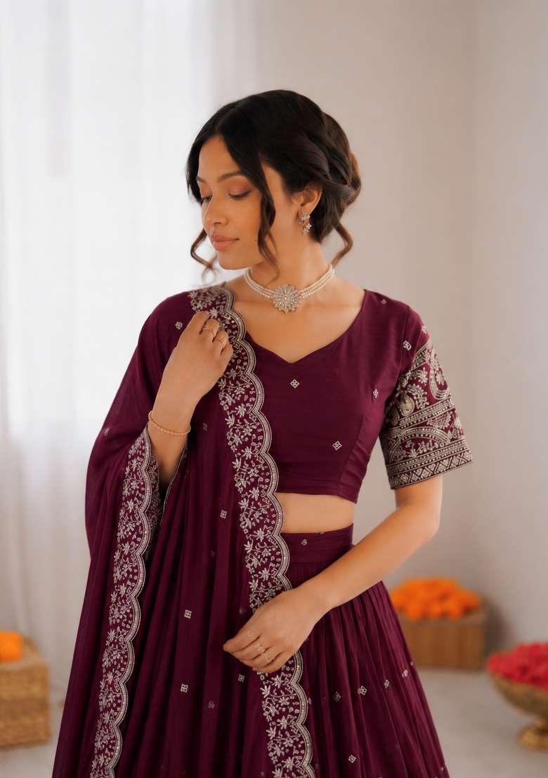Wine Embroidered Silk Blend Lehenga Set - Indya