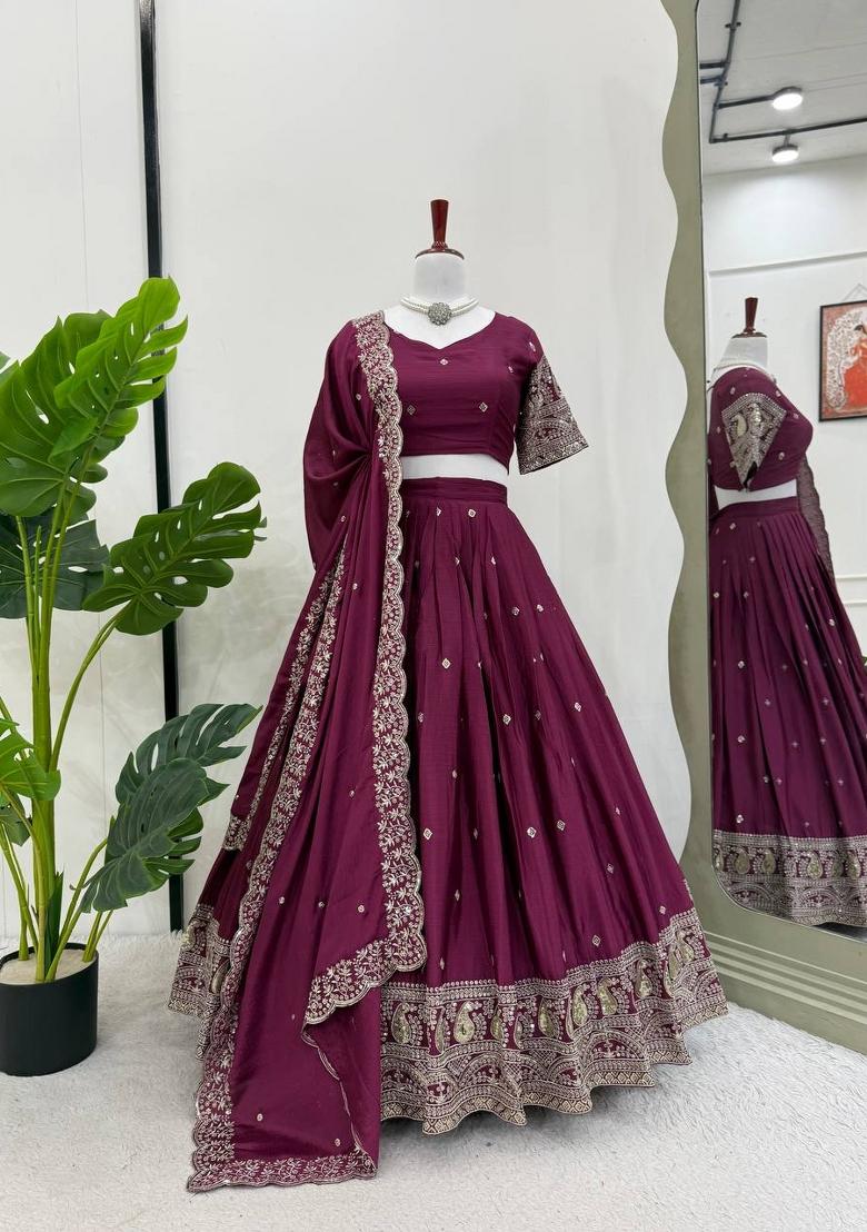 Wine Embroidered Silk Blend Lehenga Set - Indya