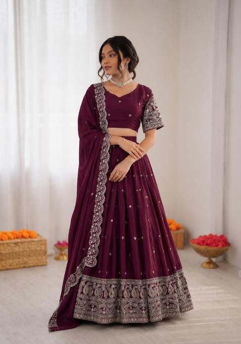Wine Embroidered Silk Blend Lehenga Set