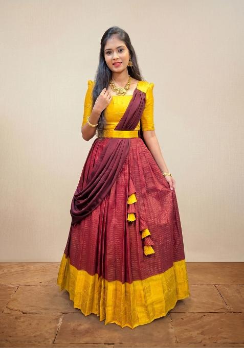 Maroon Embroidered Cotton Lehenga Set