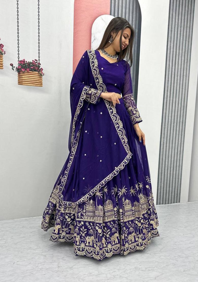 Dark Blue Embroidered Silk Blend Lehenga Set - Indya