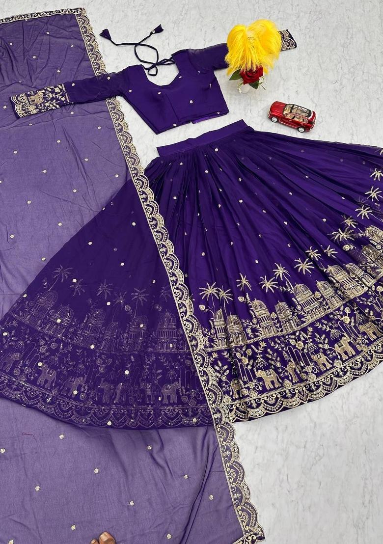 Dark Blue Embroidered Silk Blend Lehenga Set - Indya