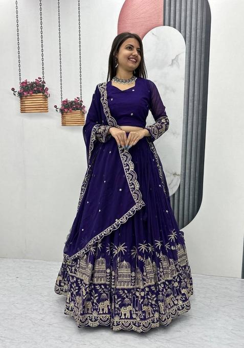 Dark Blue Embroidered Silk Blend Lehenga Set