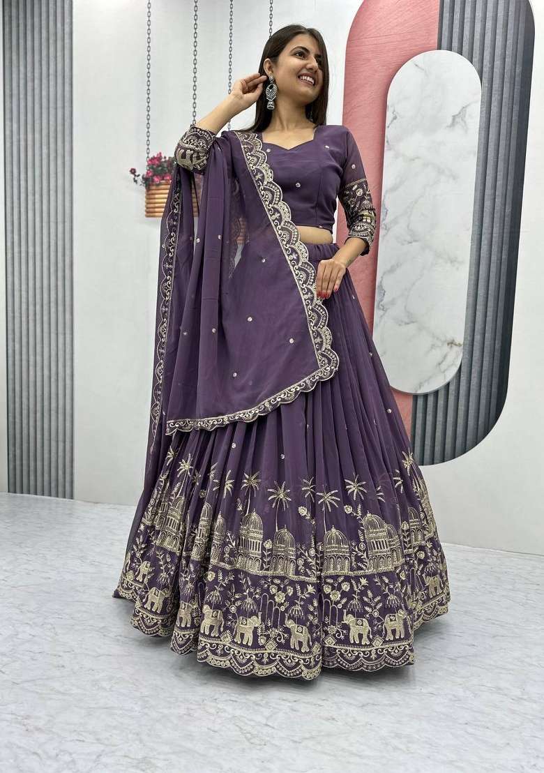 Purple Embroidered Silk Blend Lehenga Set for Diwali and Festive Wear - Indya