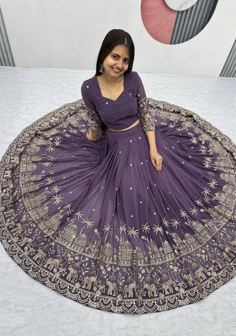 Purple Embroidered Silk Blend Lehenga Set - Indya