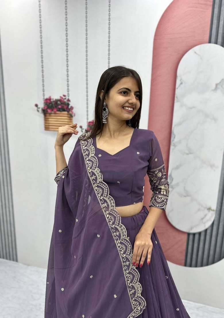 Purple Embroidered Silk Blend Lehenga Set for Diwali and Festive Wear - Indya