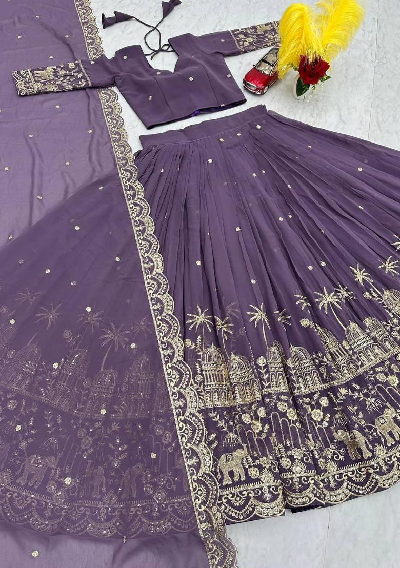 Purple Embroidered Silk Blend Lehenga Set - Indya