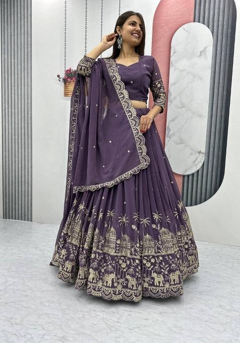 Purple Embroidered Silk Blend Lehenga Set