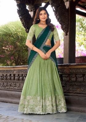 Green Embroidered Silk Blend Lehenga Set