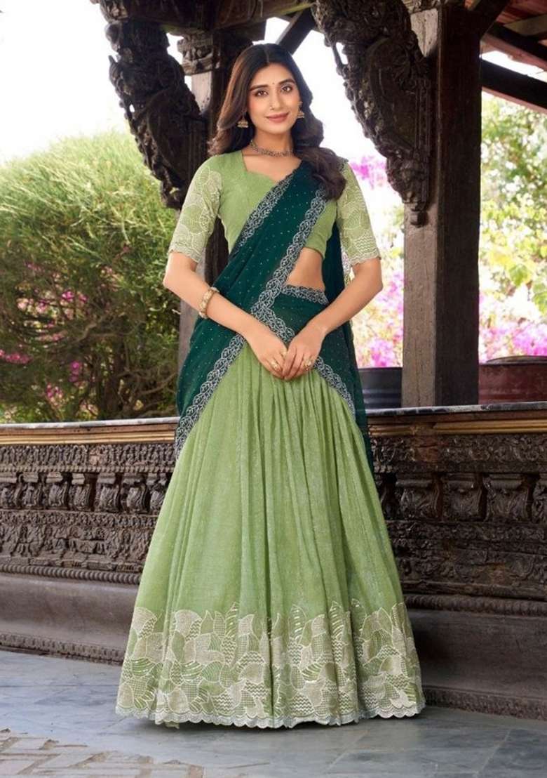 Green Embroidered Silk Blend Lehenga Set for Diwali and Festive Wear - Indya