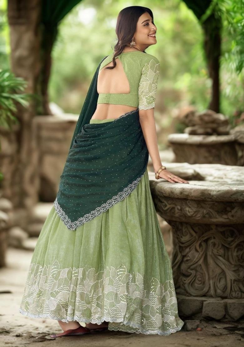 Green Embroidered Silk Blend Lehenga Set - Indya