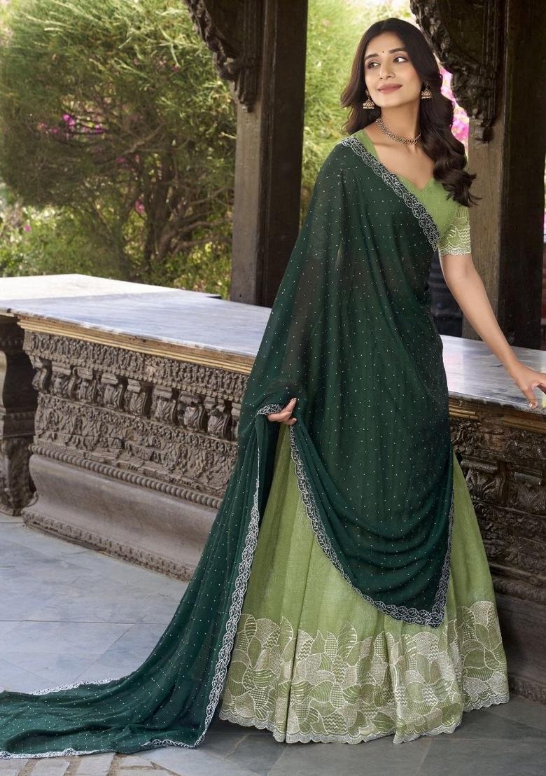Green Embroidered Silk Blend Lehenga Set - Indya