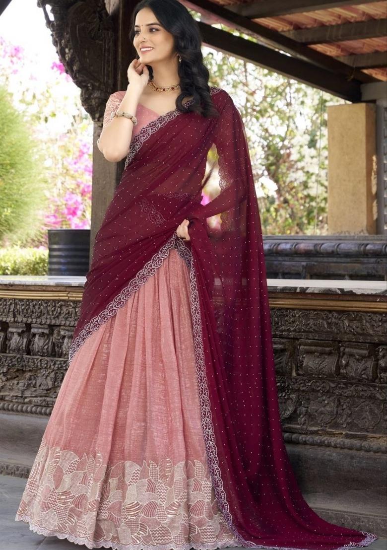 Peach Embroidered Silk Blend Lehenga Set - Indya