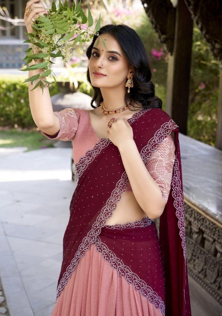 Peach Embroidered Silk Blend Lehenga Set - Indya