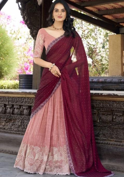 Peach Embroidered Silk Blend Lehenga Set