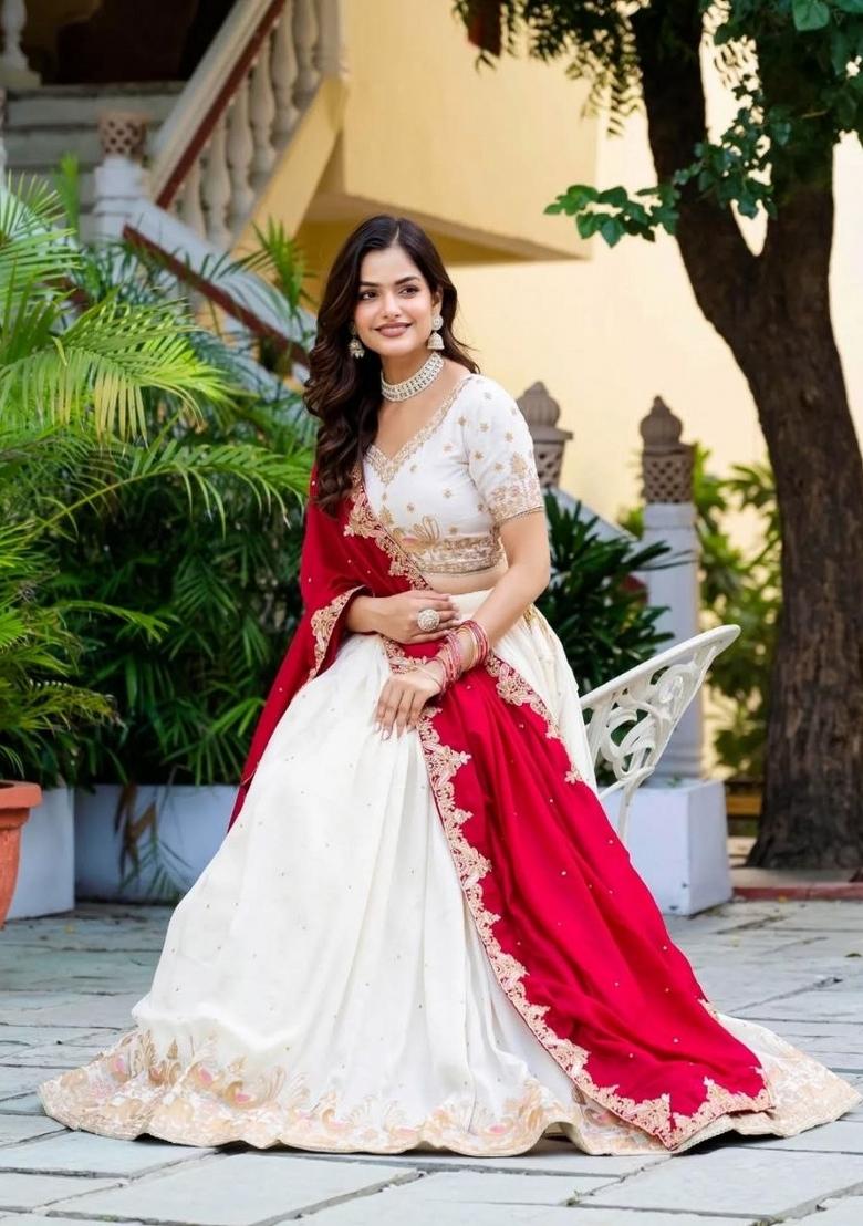 White Embroidered Silk Blend Lehenga Set - Indya