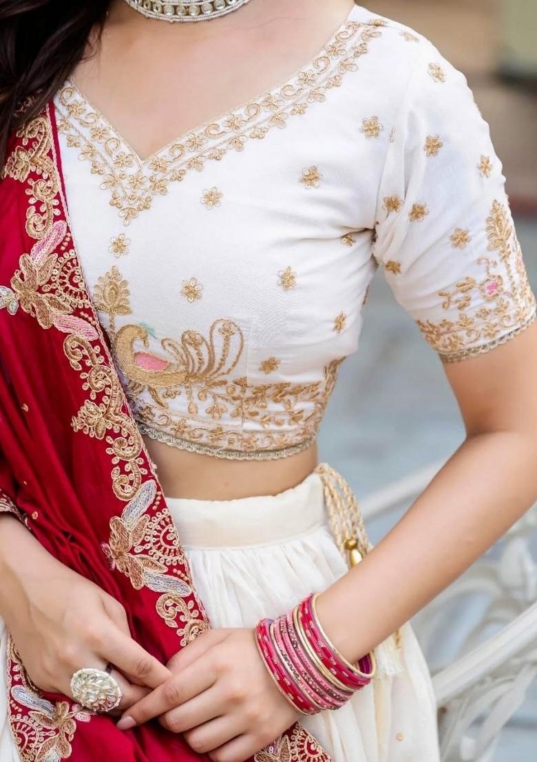 White Embroidered Silk Blend Lehenga Set - Indya