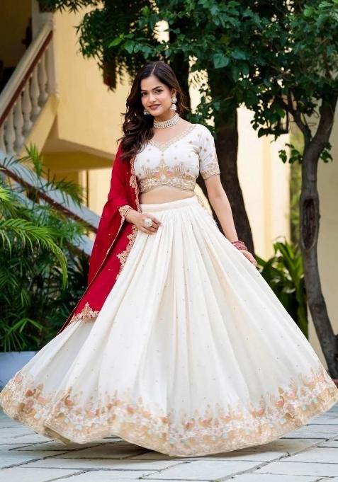 White Embroidered Silk Blend Lehenga Set