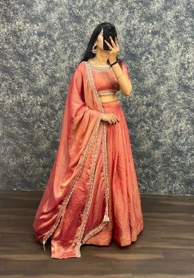 Orange Embroidered Silk Blend Lehenga Set