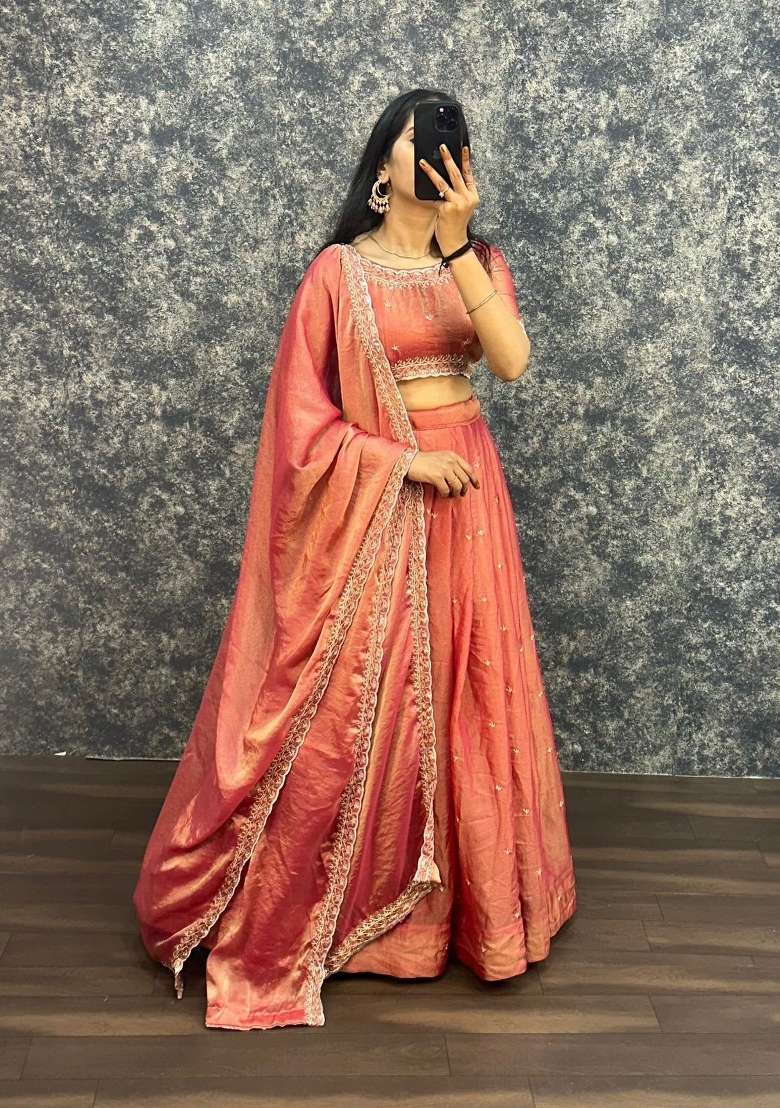 Orange Embroidered Silk Blend Lehenga Set - Indya