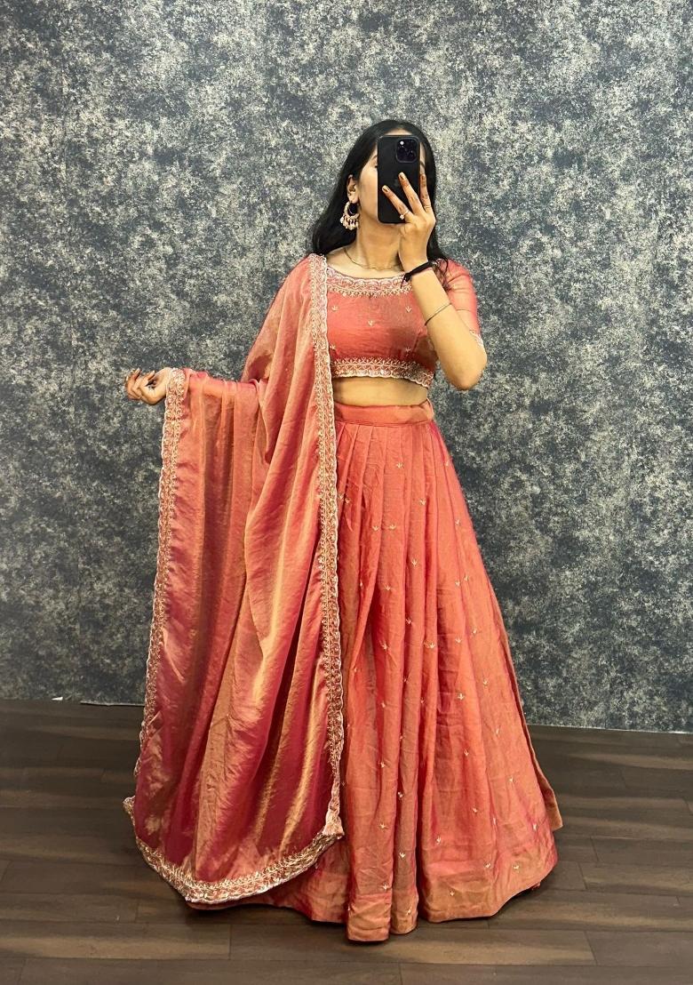 Orange Embroidered Silk Blend Lehenga Set - Indya