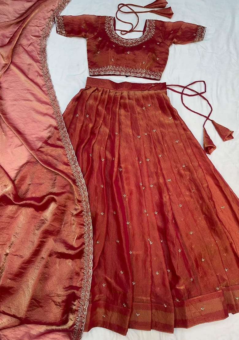 Orange Embroidered Silk Blend Lehenga Set - Indya