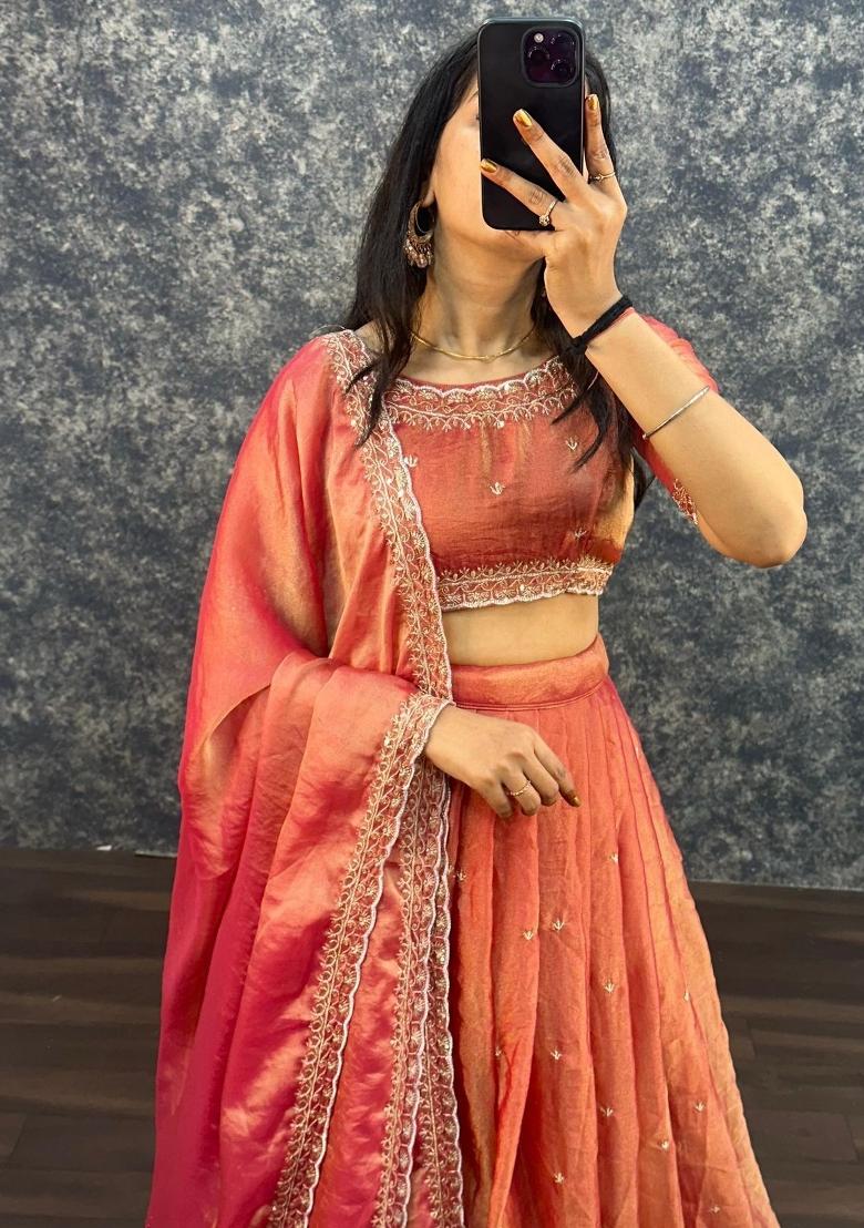 Orange Embroidered Silk Blend Lehenga Set - Indya