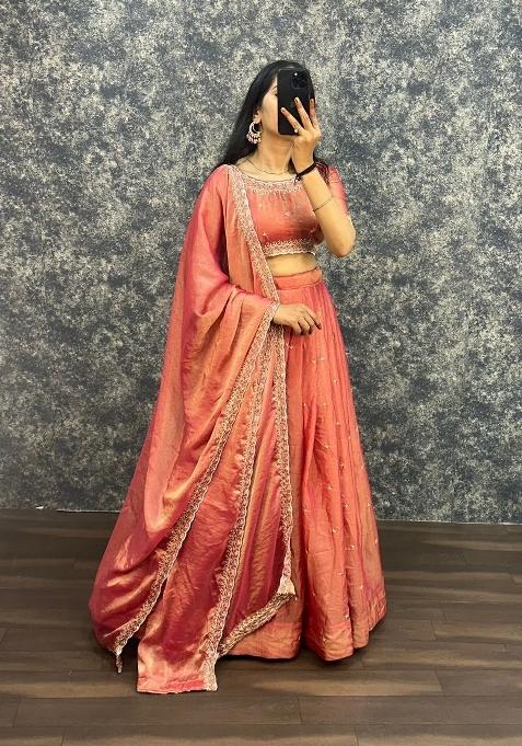 Orange Embroidered Silk Blend Lehenga Set
