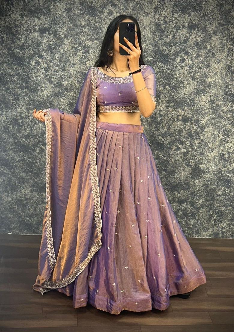 Purple Embroidered Silk Blend Lehenga Set - Indya