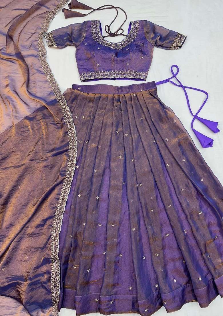 Purple Embroidered Silk Blend Lehenga Set - Indya