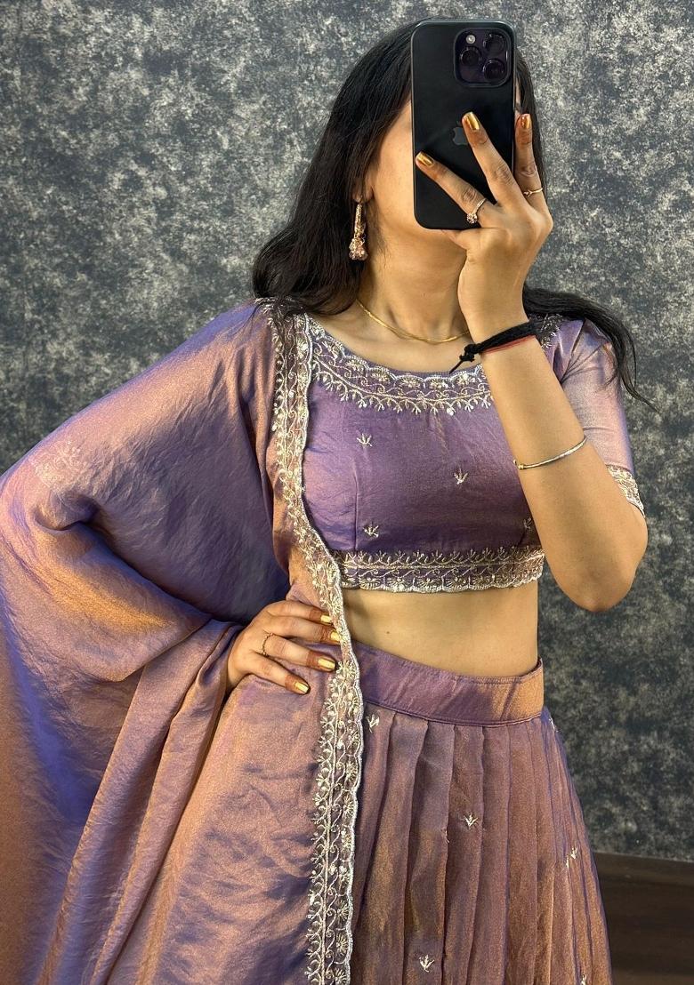Purple Embroidered Silk Blend Lehenga Set - Indya