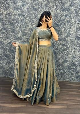 Teal Embroidered Silk Blend Lehenga Set