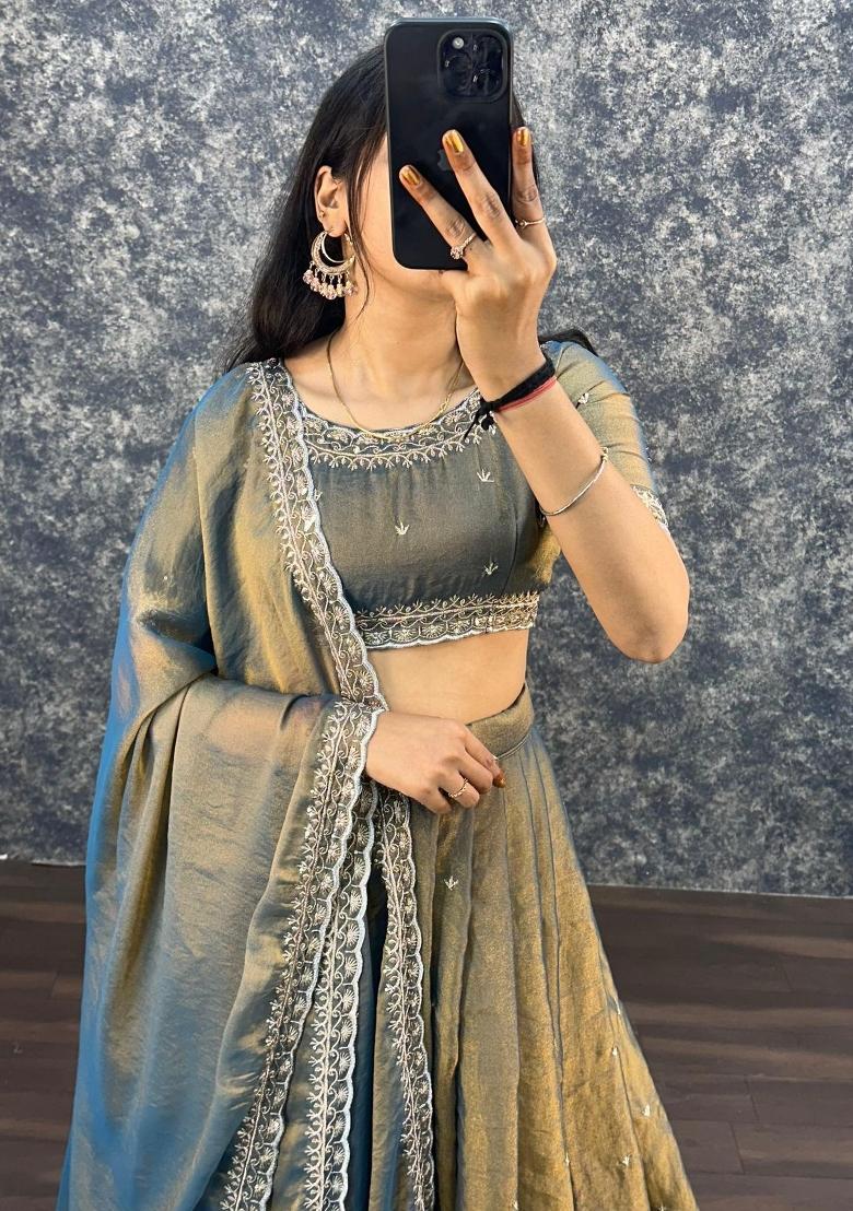 Teal Embroidered Silk Blend Lehenga Set - Indya