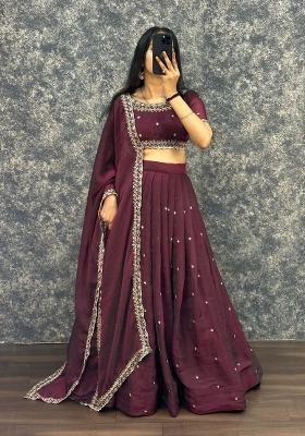 Wine Embroidered Silk Blend Lehenga Set