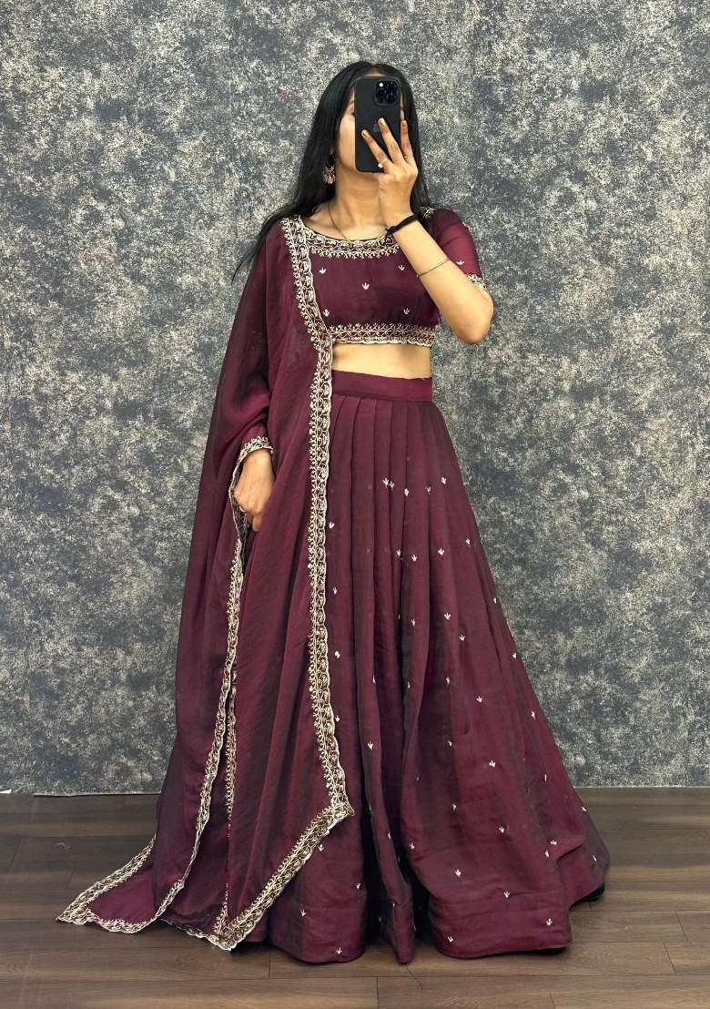 Wine Embroidered Silk Blend Lehenga Set - Indya