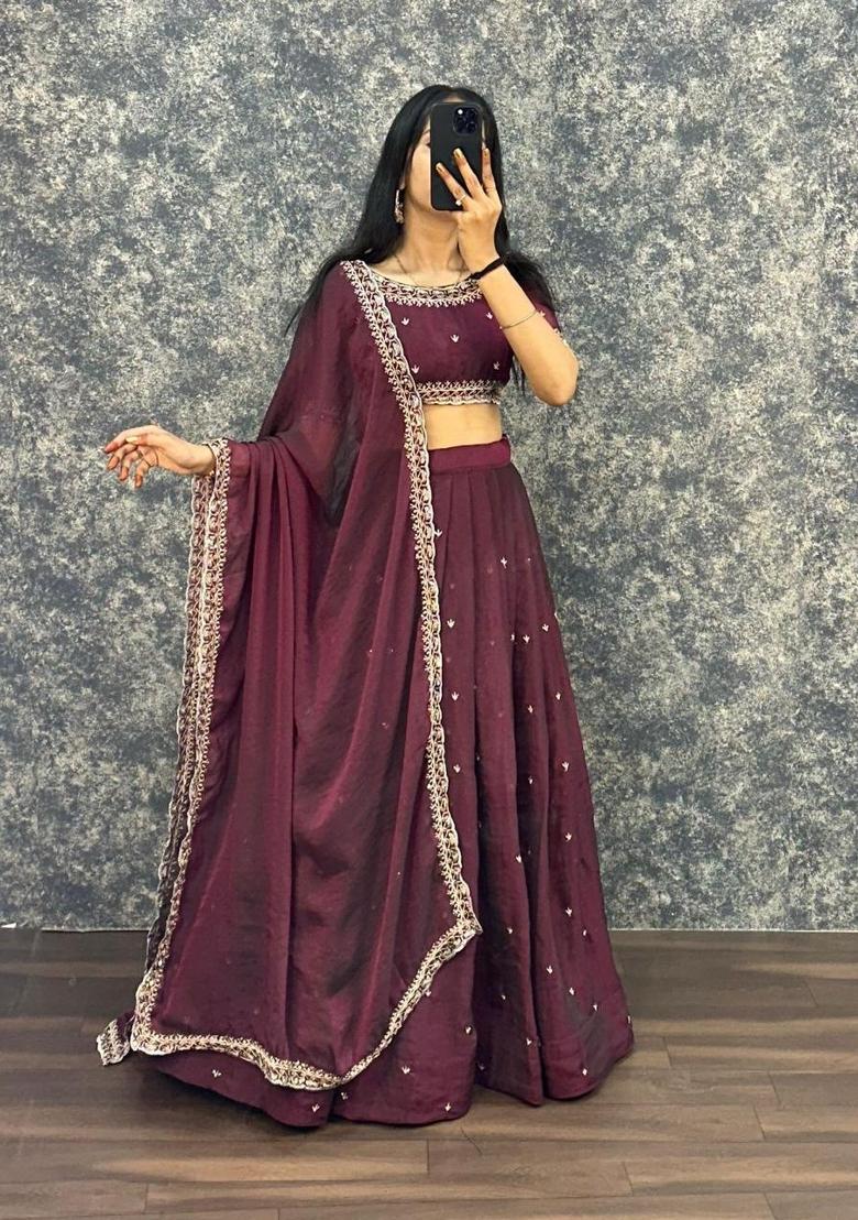 Wine Embroidered Silk Blend Lehenga Set - Indya