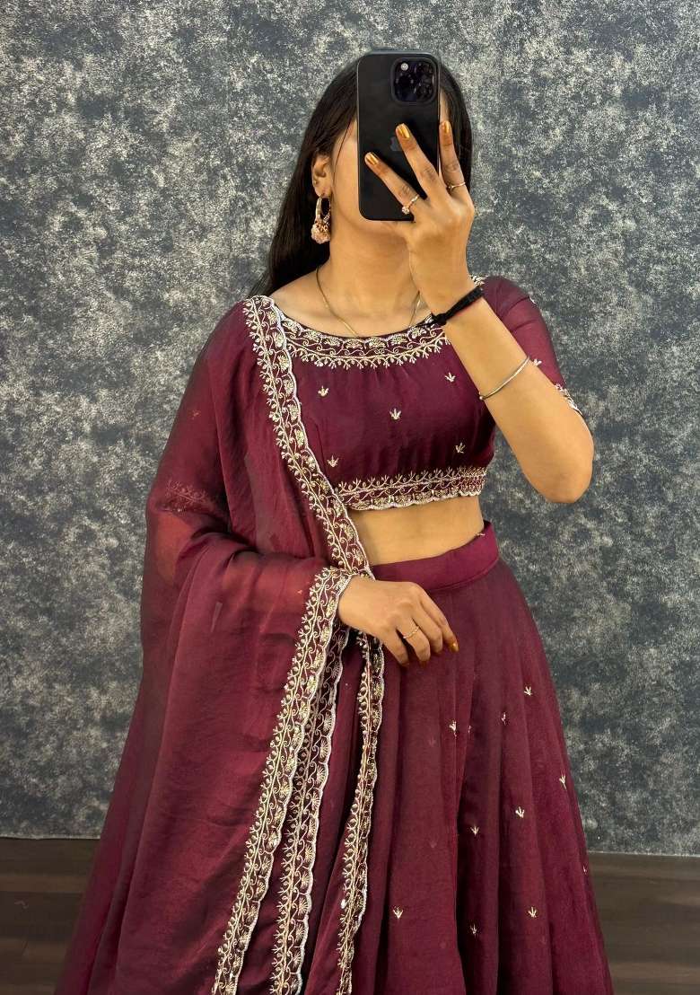 Wine Embroidered Silk Blend Lehenga Set - Indya