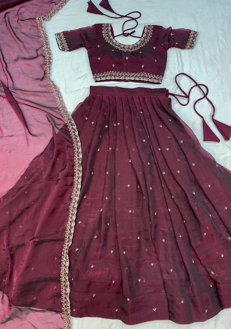 Wine Embroidered Silk Blend Lehenga Set - Indya